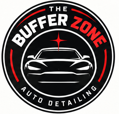 The Buffer Zone Auto Detailing circular black and red badge